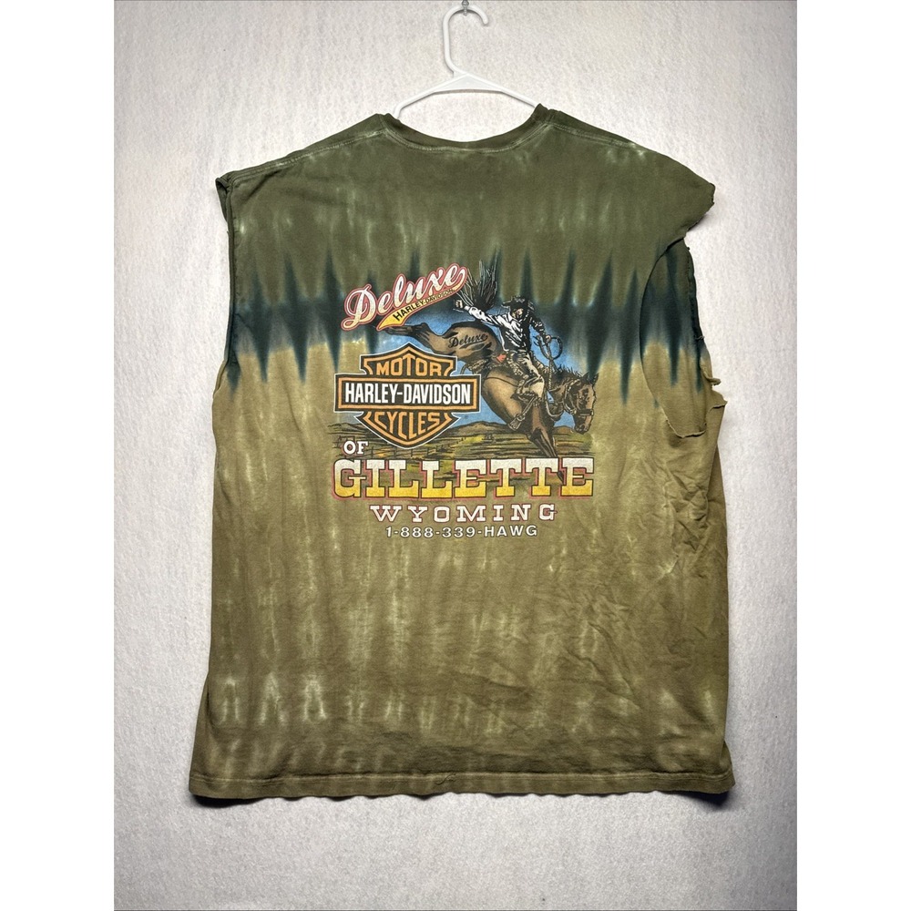 Harley-Davidson Gillette Wyoming Tie Dye Muscle Tee Mens 2XL Green R.K. Stratman - Picture 2 of 16